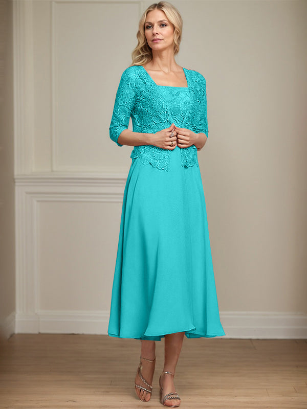Vestido de corte A, largo midi, de gasa, encaje y lentejuelas para la madre de la novia. 