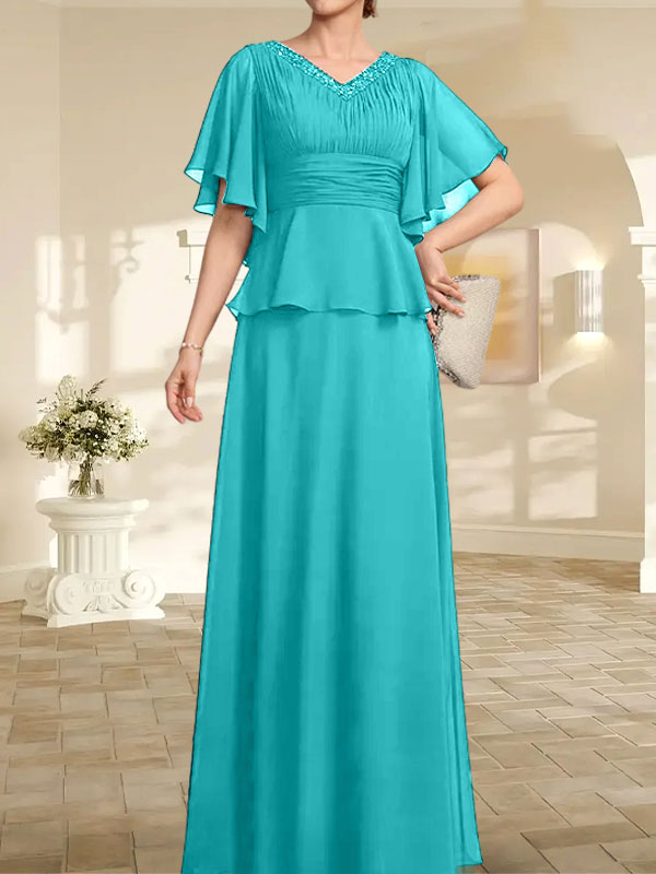 Vestido de gasa de corte A, escote en V, largo hasta el suelo, para la madre de la novia, con plisados ​​y cuentas.