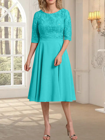 A-line Scoop Knee-Length Lace Chiffon Mother of the Bride Dress