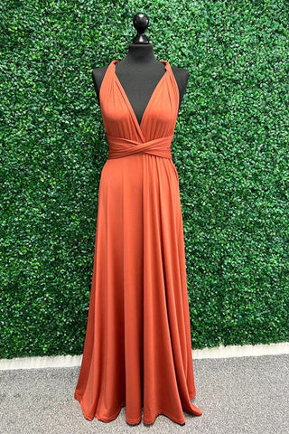 Vestido largo de dama de honor naranja con detalle cruzado BD135