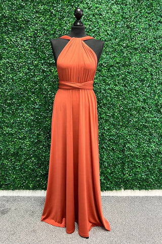 Vestido largo de dama de honor naranja con detalle cruzado BD135
