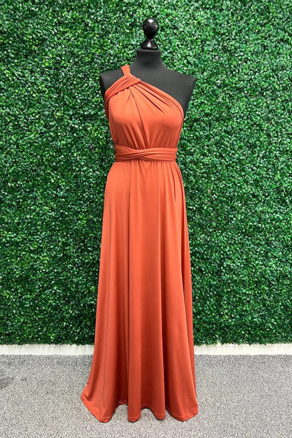 Robe de demoiselle d'honneur orange à volants, longue, BD135