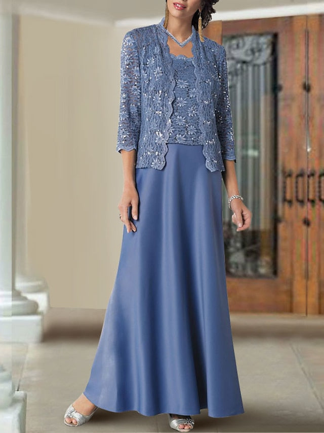 Vestidos de corte recto/columna con tirantes finos y largo hasta el suelo para la madre de la novia 