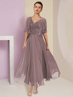 Vestidos de corte princesa/línea A con escote en V y largo midi para la madre de la novia 