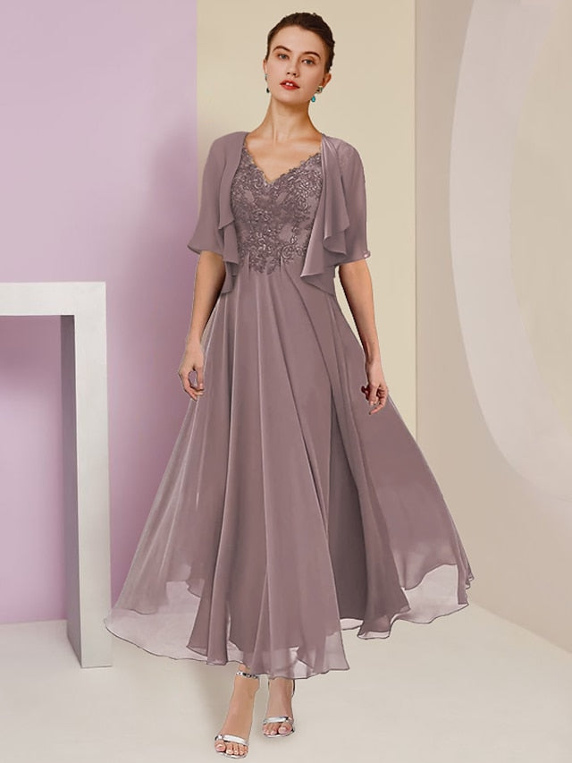 Robes de mère de la mariée de coupe trapèze/princesse, col en V, longueur thé 
