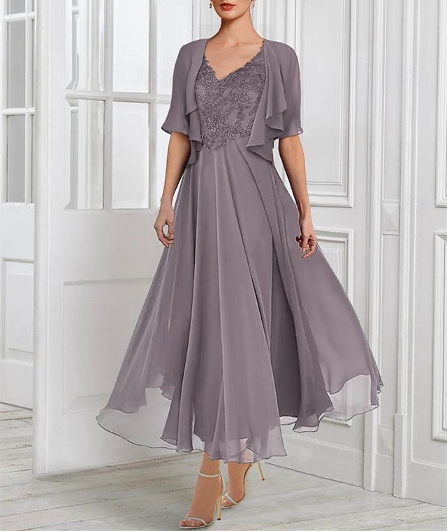 Vestidos de corte princesa/línea A para la madre de la novia, de gasa, con escote en V, mangas cortas, chaqueta de encaje, pliegues y apliques. 