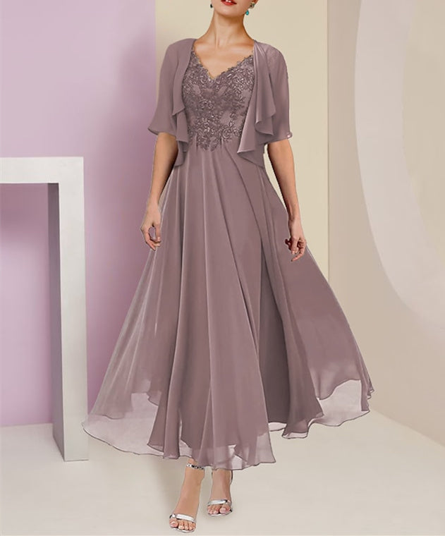 Vestidos de corte princesa/línea A para la madre de la novia, de gasa, con escote en V, mangas cortas, chaqueta de encaje, pliegues y apliques. 