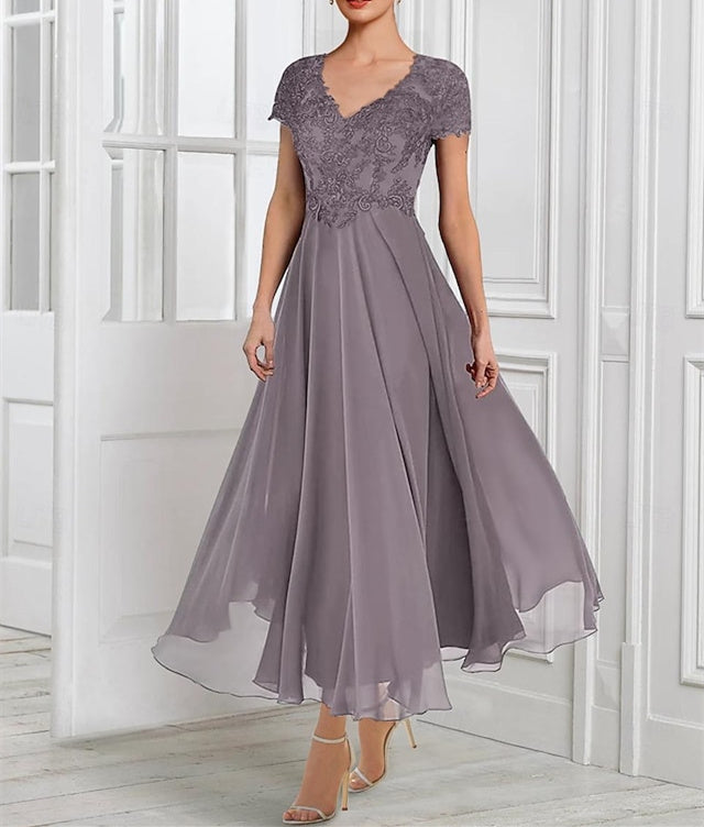 Vestidos de corte princesa/línea A para la madre de la novia, de gasa, con escote en V, mangas cortas, chaqueta de encaje, pliegues y apliques. 