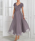 Vestidos de corte princesa/línea A para la madre de la novia, de gasa, con escote en V, mangas cortas, chaqueta de encaje, pliegues y apliques. 