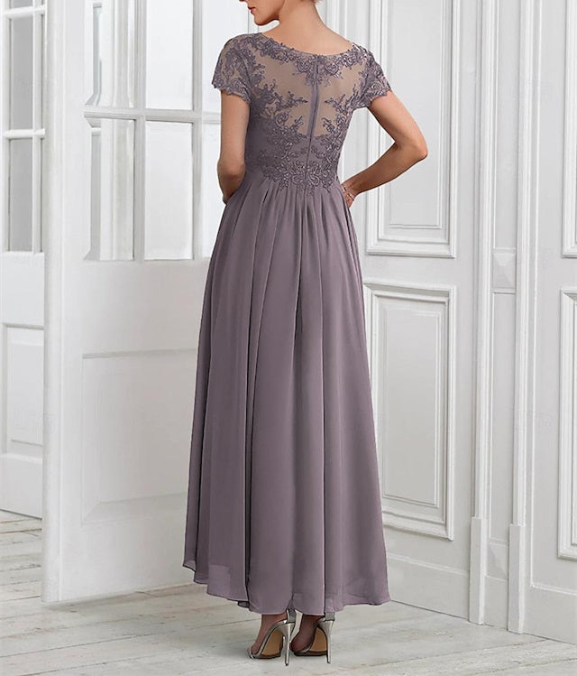 Vestidos de corte princesa/línea A para la madre de la novia, de gasa, con escote en V, mangas cortas, chaqueta de encaje, pliegues y apliques. 