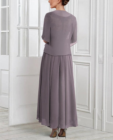 Vestidos de corte princesa/línea A para la madre de la novia, de gasa, con escote en V, mangas cortas, chaqueta de encaje, pliegues y apliques. 