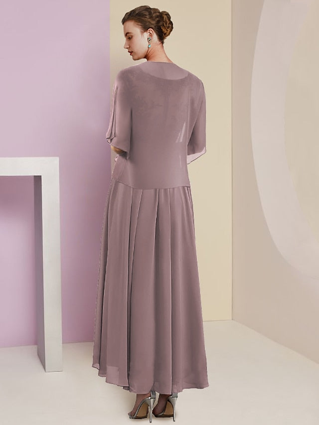 Robes de mère de la mariée de coupe trapèze/princesse, col en V, longueur thé 