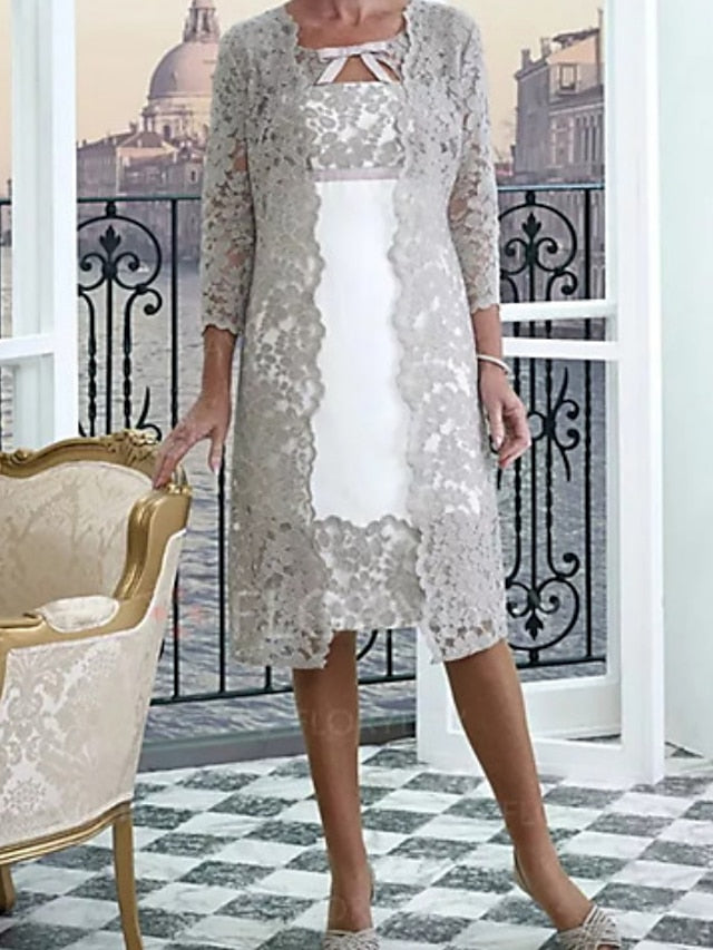 Vestidos de corte recto/columna con cuello joya y largo hasta la rodilla para la madre de la novia 