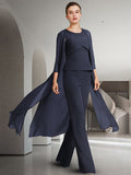 Tailleur-pantalon en mousseline à col bijou pour la mère de la mariée, avec veste 