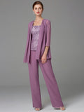 Tailleur-pantalon en mousseline à col carré pour la mère de la mariée, avec veste 