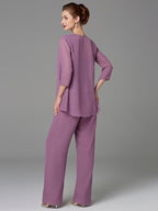 Tailleur-pantalon en mousseline à col carré pour la mère de la mariée, avec veste 
