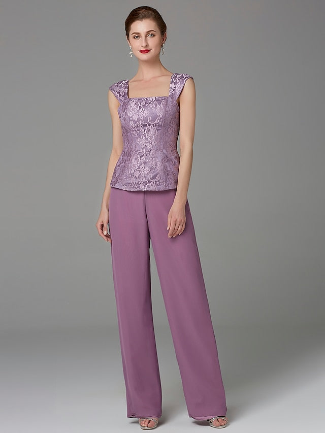 Tailleur-pantalon en mousseline à col carré pour la mère de la mariée, avec veste 