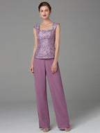 Tailleur-pantalon en mousseline à col carré pour la mère de la mariée, avec veste 