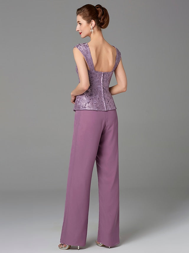 Tailleur-pantalon en mousseline à col carré pour la mère de la mariée, avec veste 
