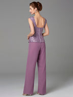 Tailleur-pantalon en mousseline à col carré pour la mère de la mariée, avec veste 