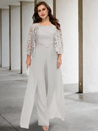 Tailleur-pantalon en mousseline à col carré pour la mère de la mariée, avec veste 