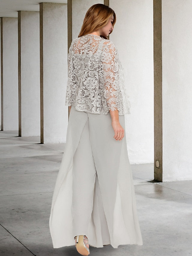 Tailleur-pantalon en mousseline à col carré pour la mère de la mariée, avec veste 
