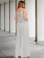 Tailleur-pantalon en mousseline à col carré pour la mère de la mariée, avec veste 