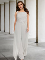 Tailleur-pantalon en mousseline à col carré pour la mère de la mariée, avec veste 
