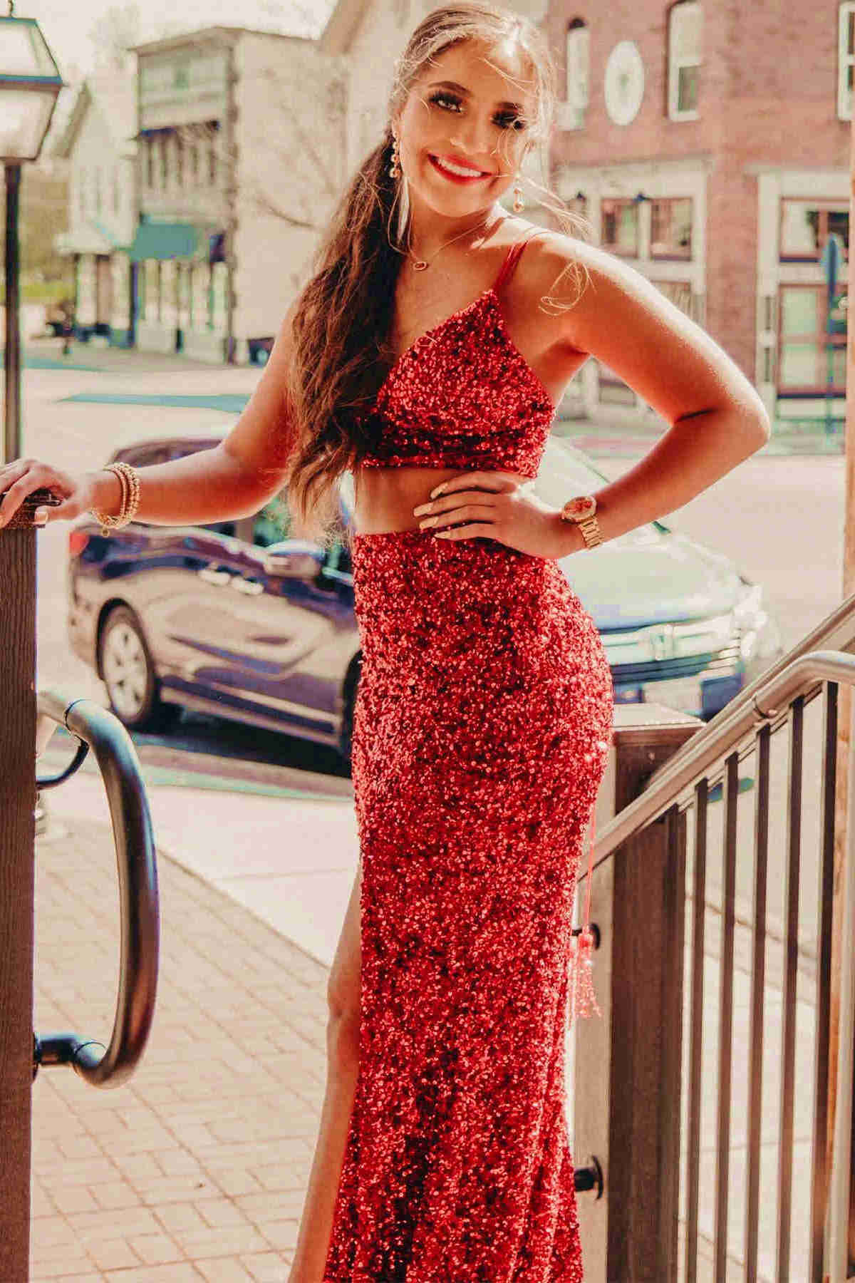Yellow Prom Dress Two-Pieces Sequin Prom Dresses  SYP94