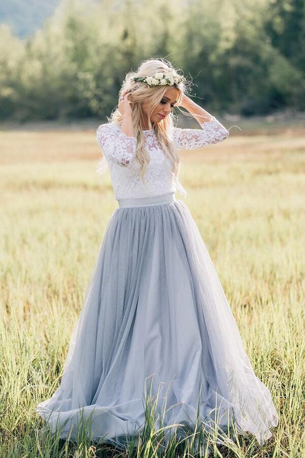 Baoleely Two Pieces 3/4 Sleeves Boho Wedding Dresses, Lace Wedding Gowns, MW819