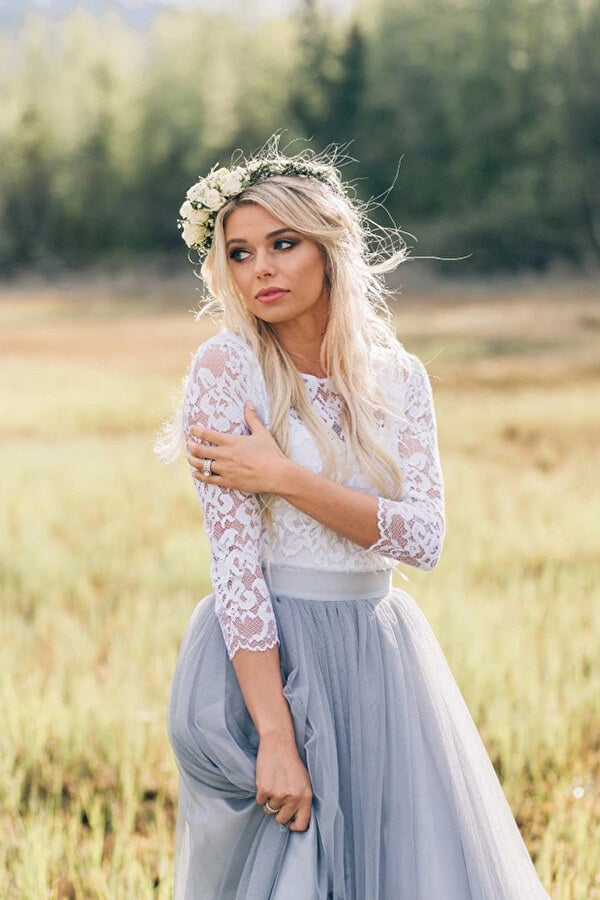 Baoleely Two Pieces 3/4 Sleeves Boho Wedding Dresses, Lace Wedding Gowns, MW819