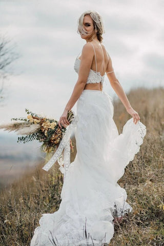 Vestido de novia de dos piezas con apliques de encaje y tirantes finos WD628