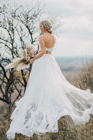 Vestido de novia de dos piezas con apliques de encaje y tirantes finos WD628