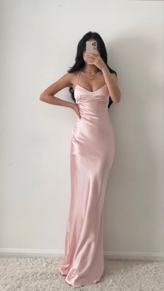 Vestido largo de fiesta sirena rosa encantador, sencillo vestido de noche rosa Y1932