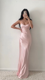 Vestido largo de fiesta sirena rosa encantador, sencillo vestido de noche rosa Y1932
