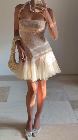 Robe de bal courte dos nu en dentelle et tulle, mignonne, Y8502