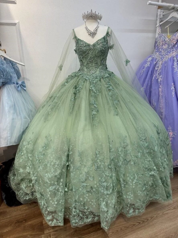 Vestido de baile con capa y aplique de mariposa 3D color verde salvia Y2785