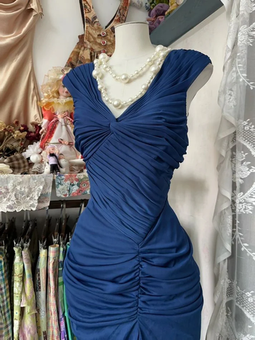 Vestido de noche vintage azul marino de gasa fruncida estilo sirena para fiesta o baile de graduación Y8076