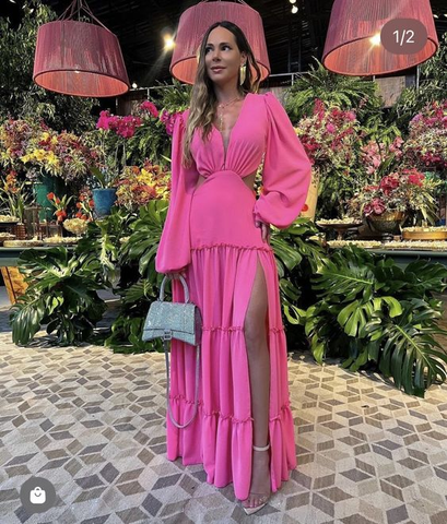 Vestido de noche modesto de corte A, escote en V, mangas largas y abertura Y7178