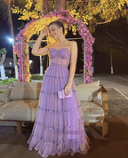 Vestido de graduación lila corte A, sin tirantes, vestido de noche formal Y4816