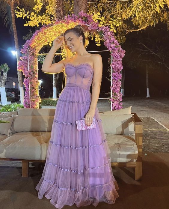 Vestido de graduación lila corte A, sin tirantes, vestido de noche formal Y4816