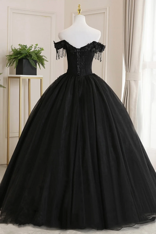 Vestido de baile de tul negro con hombros descubiertos y encaje para quinceañera, vestido largo de noche negro Y1143