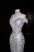 Robe de soirée sirène en tulle à paillettes et perles, épaules dénudées, style Y8685