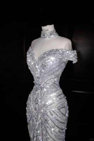 Glitter Off The SHoulder Tulle Sequin Beaded Evening Dress,Mermaid Prom Dress Wedding Dress Y8685