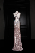 Vestido largo de noche de lujo con escote en V profundo, lentejuelas y espalda descubierta, ideal para eventos formales y graduaciones (Y8683)