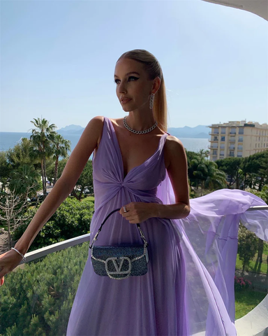 Vestido de fiesta largo de tul con escote en V, sencillo, color morado, Y7774