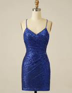 Vestido de fiesta azul real con lentejuelas y cordones Y2844