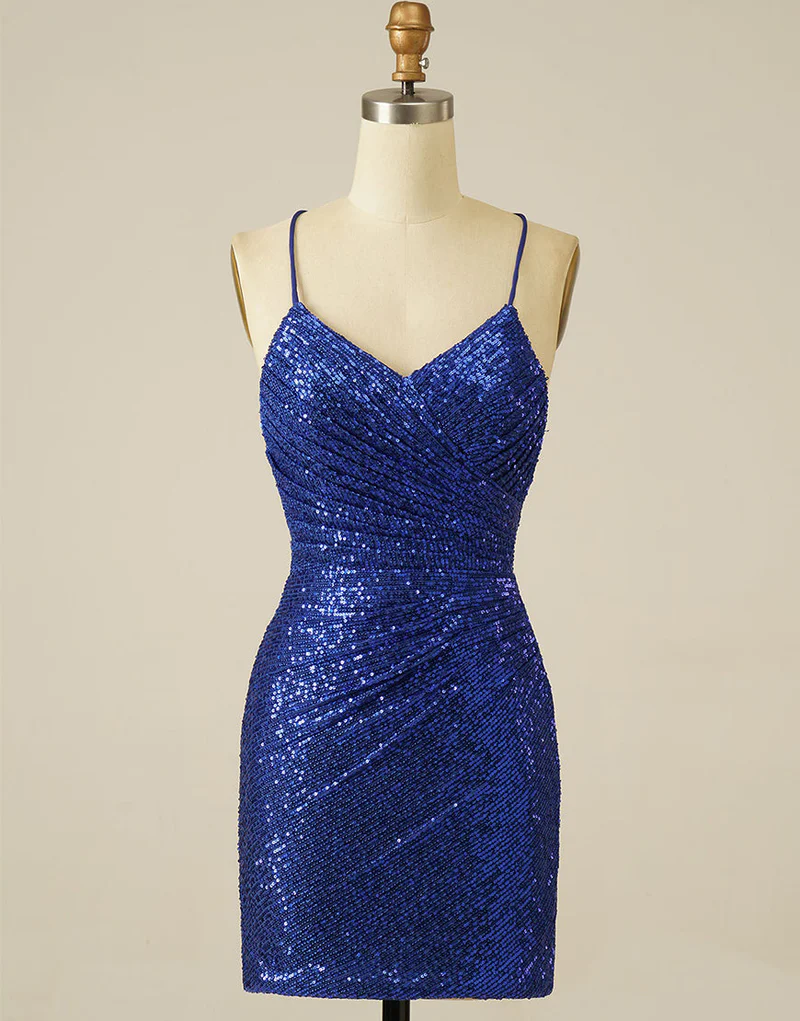 Vestido de fiesta azul real con lentejuelas y cordones Y2844