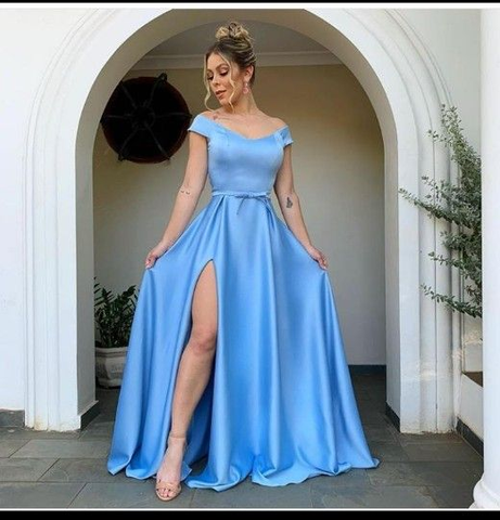 Robe de bal bleue classique à épaules dénudées, robe de soirée bleue Y4881