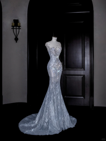 Beautiful Mermaid Sequin Beaded Evening Dress Blue Tulle Prom Dress Y8690